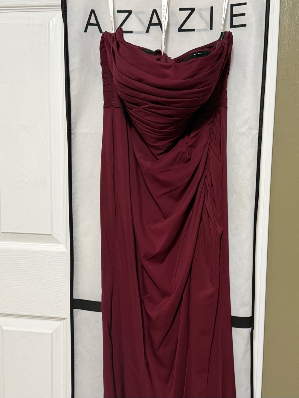 Azazie Wine Strapless Ruched Draped Gown